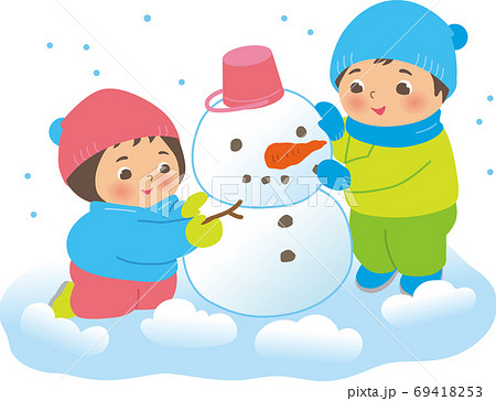 雪だるまを作る子供達 男の子と女の子のイラスト素材
