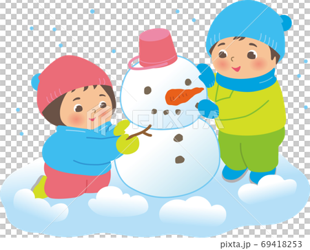 雪だるまを作る子供達 男の子と女の子のイラスト素材