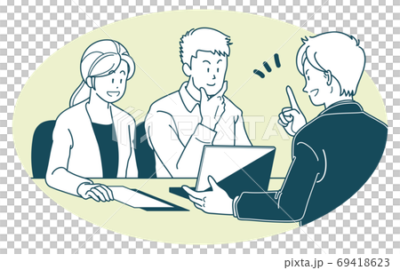 商談する若い夫婦とビジネスマンのイラスト 商談する若い夫婦とビジネスマンのイラスト 69418623