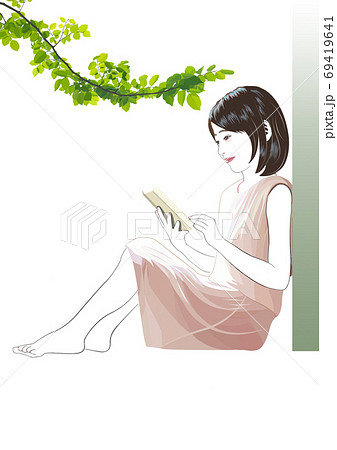 壁にもたれてゆったりと読書する女性のイラスト素材