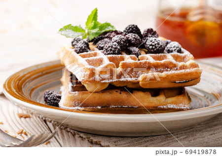 Belgian waffles served with blackerries and mint leaf dusted wit Belgian waffles served with blackerries and mint leaf dusted wit 69419878