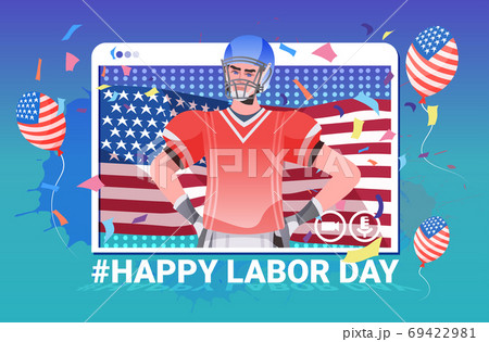 american football player with USA flag happy labor day celebration self isolation online communication concept american football player with USA flag happy labor day celebration self isolation online communication concept 69422981
