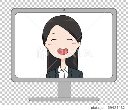穿著西裝的微笑工作婦女在遠程採訪中反映在計算機屏幕上 穿著西裝的微笑工作婦女在遠程採訪中反映在計算機屏幕上 69423482