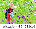 初夏の公園でハナショウブの花摘みをしている、早乙女姿の花摘み娘 69423914