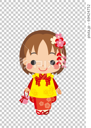 一個可愛的女孩，穿著753的服裝，慶祝3歲的插圖 69424752