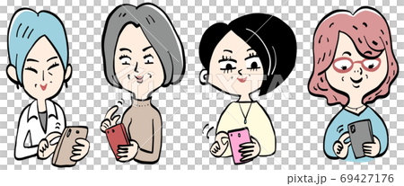 4 senior women operating smartphones 69427176