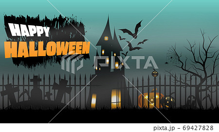 Halloween party banner, Haunted House, Pumpkins in the graveyard. Halloween party banner, Haunted House, Pumpkins in the graveyard. 69427828