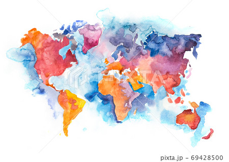 Map of the world with oceans and seas. Watercolor hand drawn Map of the world with oceans and seas. Watercolor hand drawn 69428500