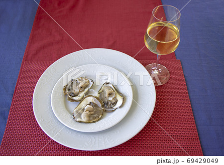 Oysters in ice on a white plate and glass of white wine Oysters in ice on a white plate and glass of white wine 69429049