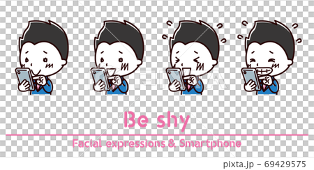 スマホを持った男性の表情のイラスト 照れるのイラスト素材