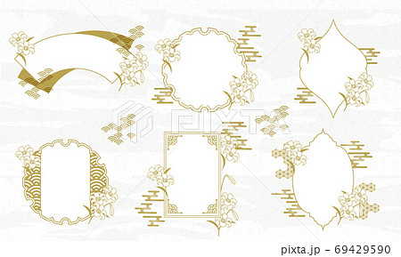 和柄と百合の花のベクターイラストフレーム素材セットのイラスト素材