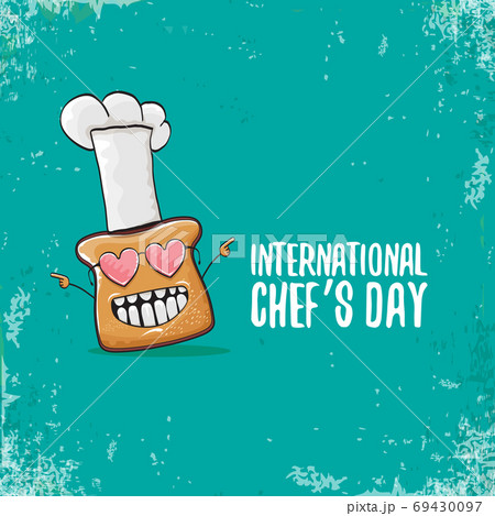 International chef day greeting card or banner with vector funny cartoon chef bread with cheaf hat isolated on azure background. 69430097