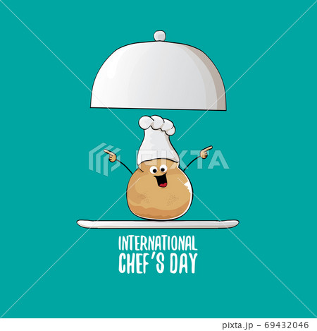 International chef day greeting card or banner. vector funny cartoon tiny brown smiling chef potato with chef hat isolated on azure background. International chef day greeting card or banner. vector funny cartoon tiny brown smiling chef potato with chef hat isolated on azure background. 69432046