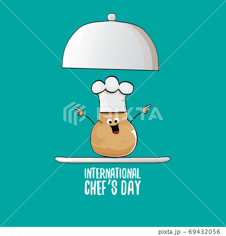 International chef day greeting card or banner. vector funny cartoon tiny brown smiling chef potato with chef hat isolated on azure background. 69432056