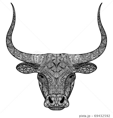 Head of bull. Ornamental longhorned Buffalo or bison symbol of new new year 2021. Black and white concept. 69432592