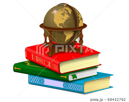 Vintage globe on a stack of books. Learning and travel concept Isolated on white background. Vintage globe on a stack of books. Learning and travel concept Isolated on white background. 69432792