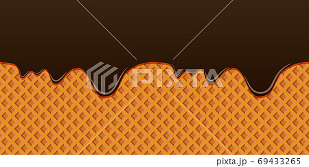 Brown smudges of glaze on a waffle background. Horizontal seamless crisp element with streaks. Template for frosting cone of ice cream. 69433265