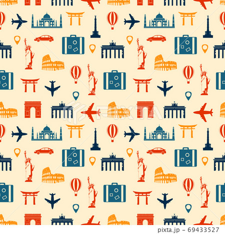 Travel composition with famous world landmarks. Seamless pattern. Vector 69433527