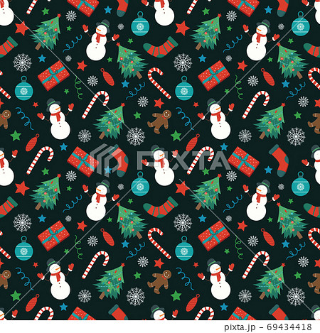 Christmas pattern with Christmas tree, gift boxes and other decorations. Holiday seamless pattern. Merry Christmas and Happy New Year. Vector 69434418