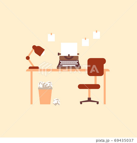 Writers desk with typewriter. Retro printing equipment with blank sheet comfortable chair and lamp on table. 69435037