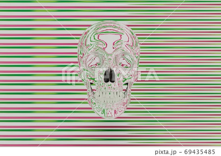 Abstract striped skull on green-pink color striped background, 3d render 69435485