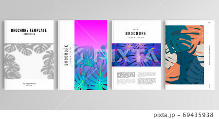 Realistic vector layouts of cover mockup design templates for A4 brochure, cover design, flyer, book, poster. Tropical palm leaves, shadow of tropical jungle leaves. Floral pattern backgrounds. 69435938