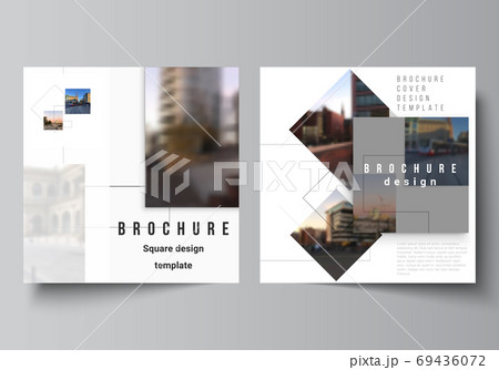 Vector layout of two square format covers design templates with geometric simple shapes, lines and photo place for brochure, flyer, magazine, cover design, book, brochure cover. Vector layout of two square format covers design templates with geometric simple shapes, lines and photo place for brochure, flyer, magazine, cover design, book, brochure cover. 69436072