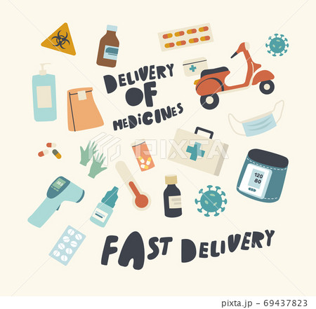 Set of Icons Medicines Delivery Service Theme. Scooter, Medical Box and Thermometer with Drugs in Blister and Bottles 69437823