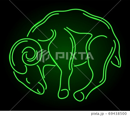 Line art with green neon ram silhouette 69438500