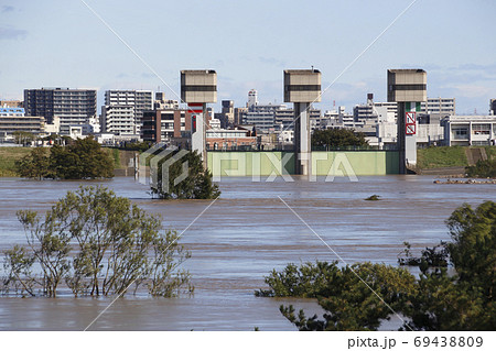 三領水門:増水した荒川土手にて(令和元年台風19号) 三領水門:増水した荒川土手にて(令和元年台風19号) 69438809