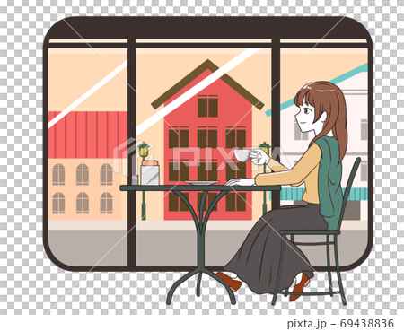 カフェで過ごす女性 スカート 町並み窓枠付きのイラスト素材