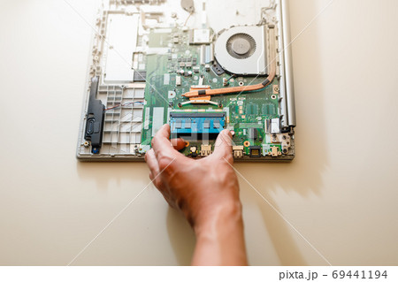 memory module ddr4 ram installation in laptop by hand memory module ddr4 ram installation in laptop by hand 69441194