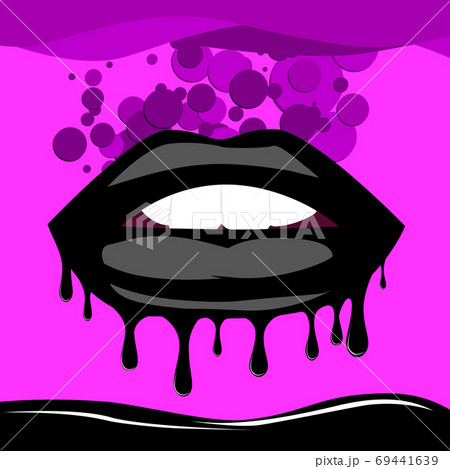 Open mouth with biting black lips on purple background with bubbles. Melting and flowing Open mouth with biting black lips on purple background with bubbles. Melting and flowing 69441639