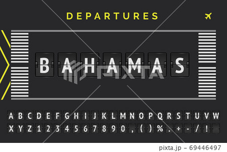 Analog scoreboard with runway markup style vector banner with Bagamas as destination. Flight flip font with airplane icon 69446497