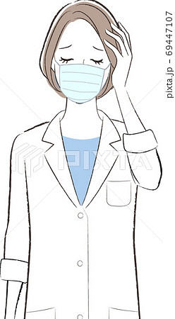 頭を抱えて困っている白衣の女性のイラスト マスク着用のイラスト素材