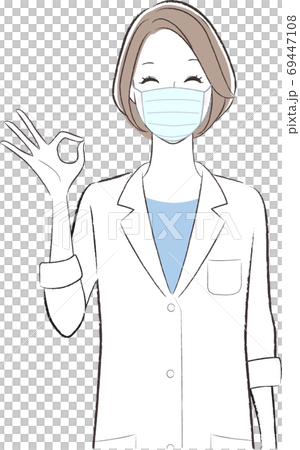 笑顔でokサインを出す白衣の女性ドクターのイラスト マスク着用のイラスト素材
