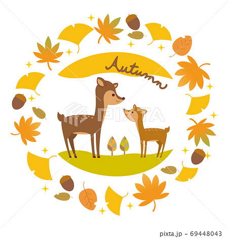 鹿の親子と秋のフレーム イラストのイラスト素材