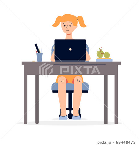 Child girl studying at home using laptop, flat vector illustration isolated. 69448475