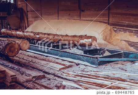 Sawmill. Process of machining logs in sawmill machine saws the tree trunk 69448765
