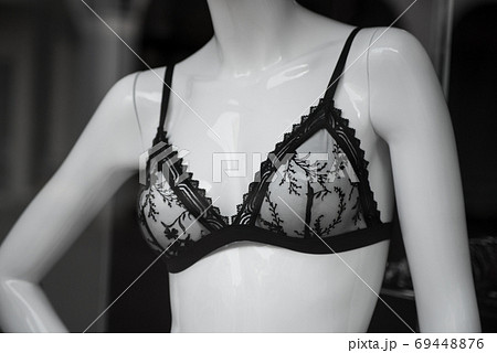 Closeup of black transparent bra on mannequin in fashion store s 69448876