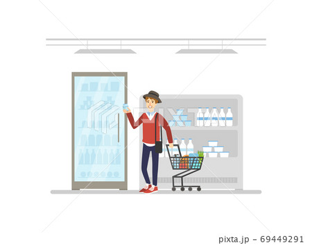 Young Man Shopping at Supermarket and Buying Grocery Products, Guy Pushing Shopping Cart with Purchases Vector Illustration Young Man Shopping at Supermarket and Buying Grocery Products, Guy Pushing Shopping Cart with Purchases Vector Illustration 69449291