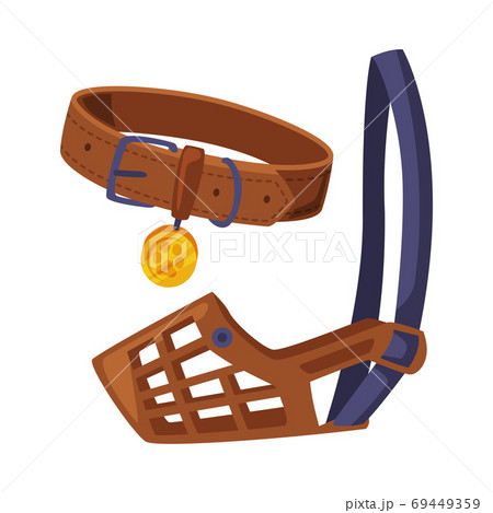 Dog Accessories Set, Pet Animal Stuff, Leather Dog Muzzle and Collar Cartoon Style Vector Illustration 69449359