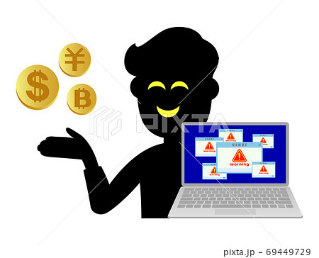 パソコンのトラブルを利用しお金を要求する詐欺師のイラストイメージ 69449729