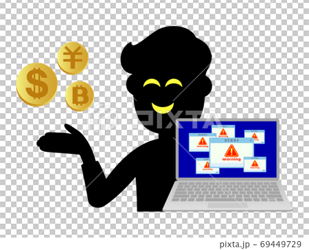 パソコンのトラブルを利用しお金を要求する詐欺師のイラストイメージ 69449729