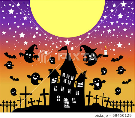 満月と星空を背景にした影絵のハロウィンイラスト 69450129