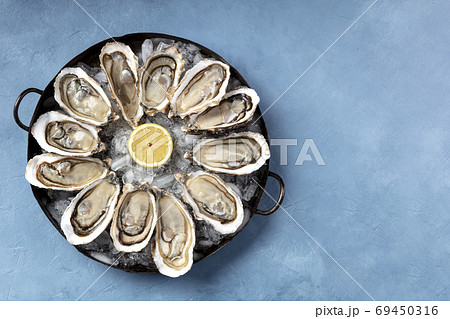 A dozen of oysters on ice, with a lemon, shot from the top A dozen of oysters on ice, with a lemon, shot from the top 69450316