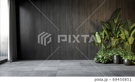 Black interior with wood wall panel and plants. 3d render illustration mock up. 69450851