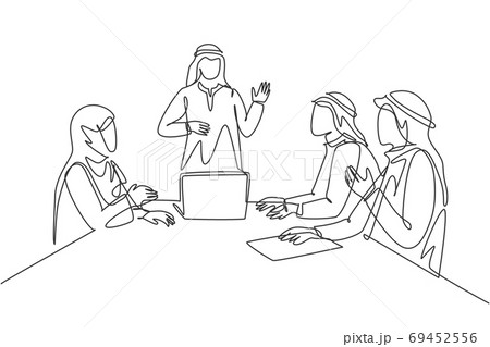 Single continuous line drawing of young muslim businessman presenting proposal business to prospective investor 69452556