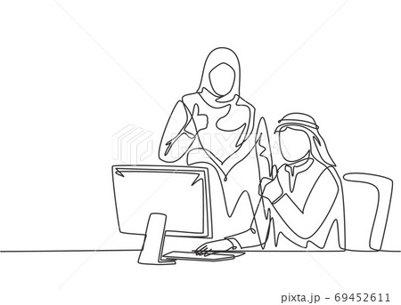 Single continuous line drawing of young muslim male and female employees give thumbs up gestures 69452611