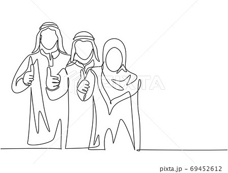 Single continuous line drawing of young muslim male and female marketing managers giving thumbs up gestures 69452612
